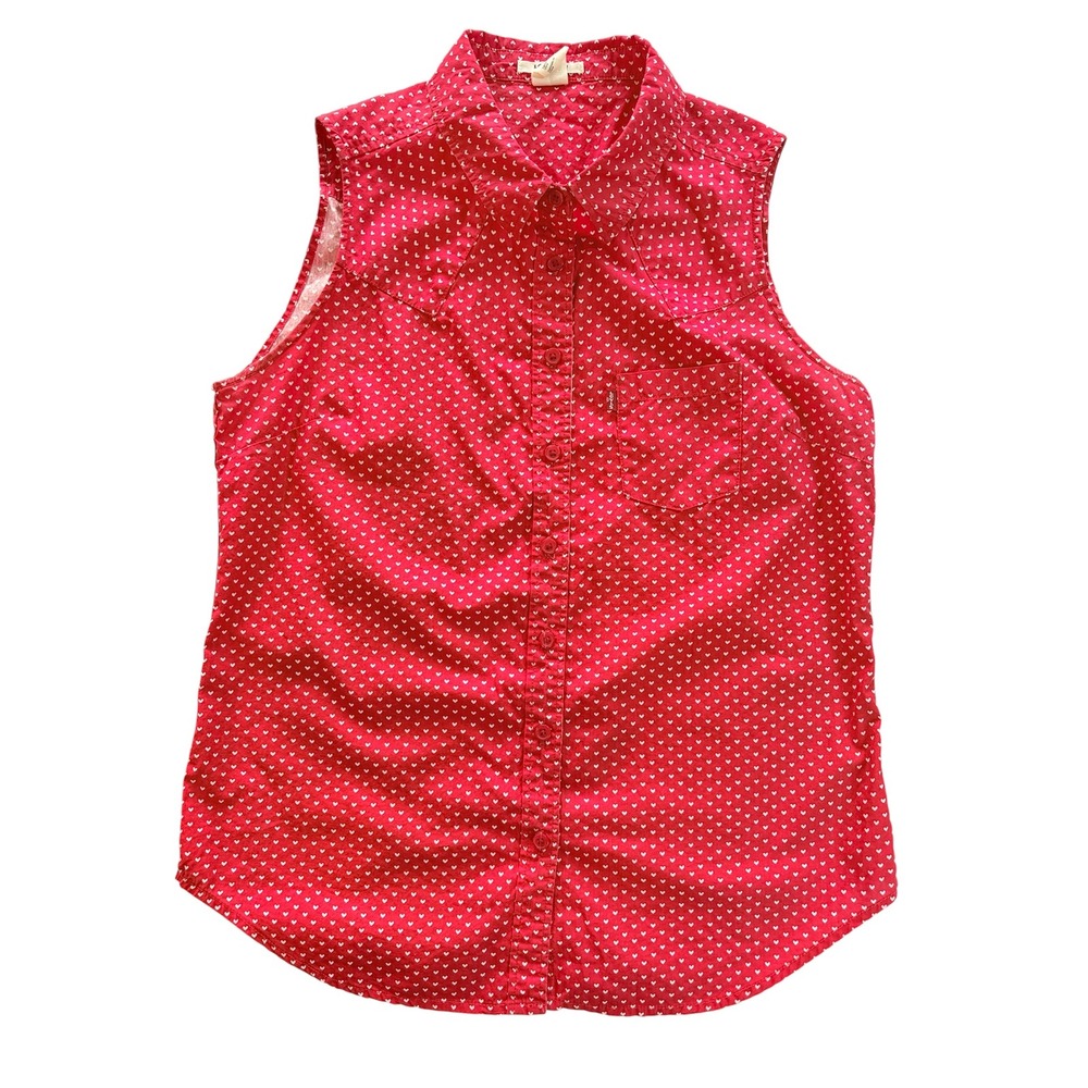 Levi's Sleeveless Button Up Women M Red Heart Print Western Pocket‎ Cotton